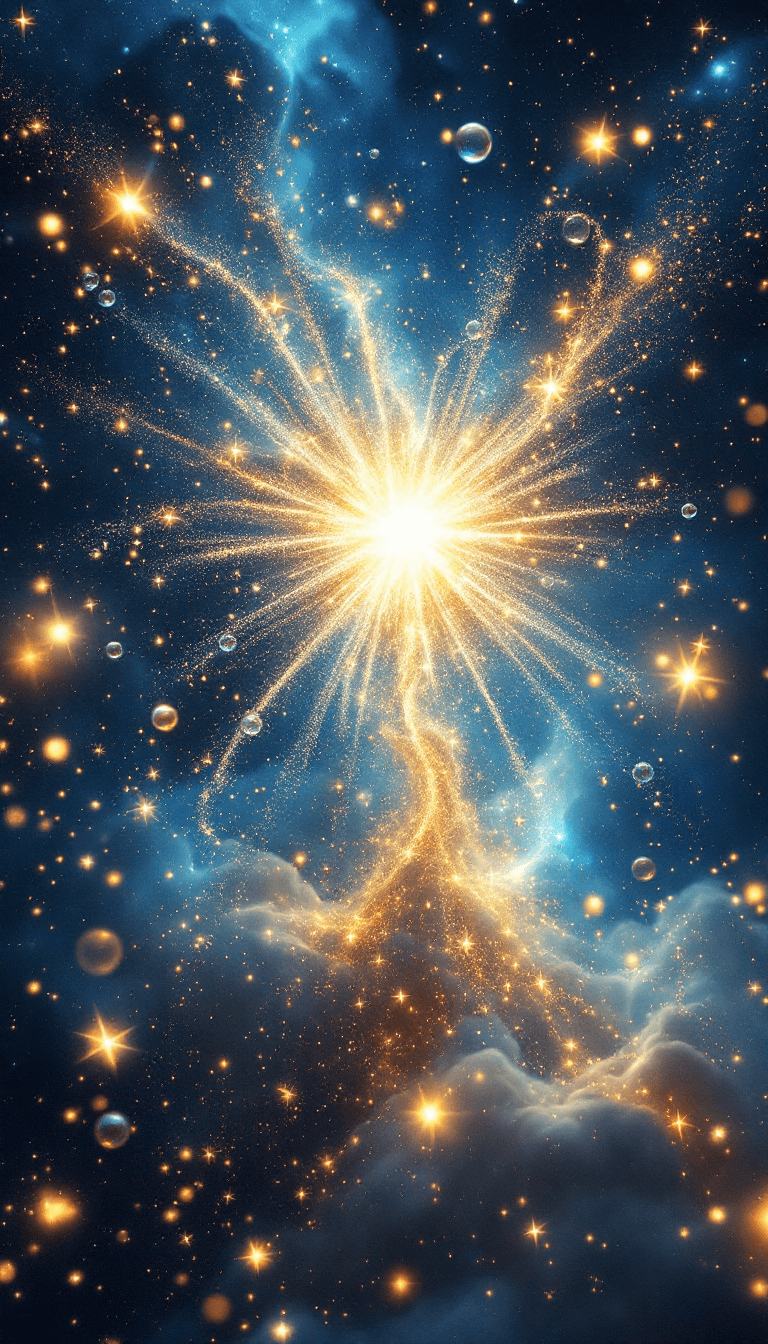AI generated: (Champagne supernova), ethereal cosmic scene, sparkling champagne bubbles floating through a starry ...