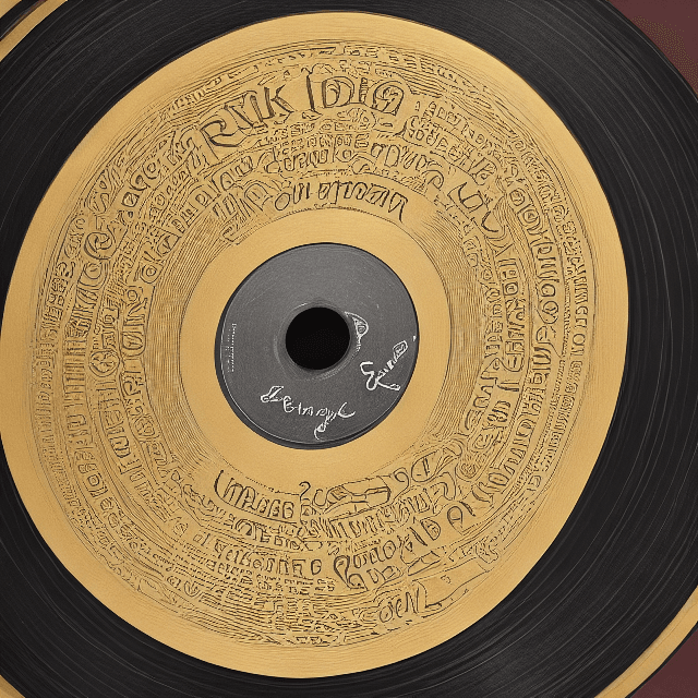 AI generated: A vinyl disk viewed from above with gold engravings with the word "Reverock" in the middle, the disk...