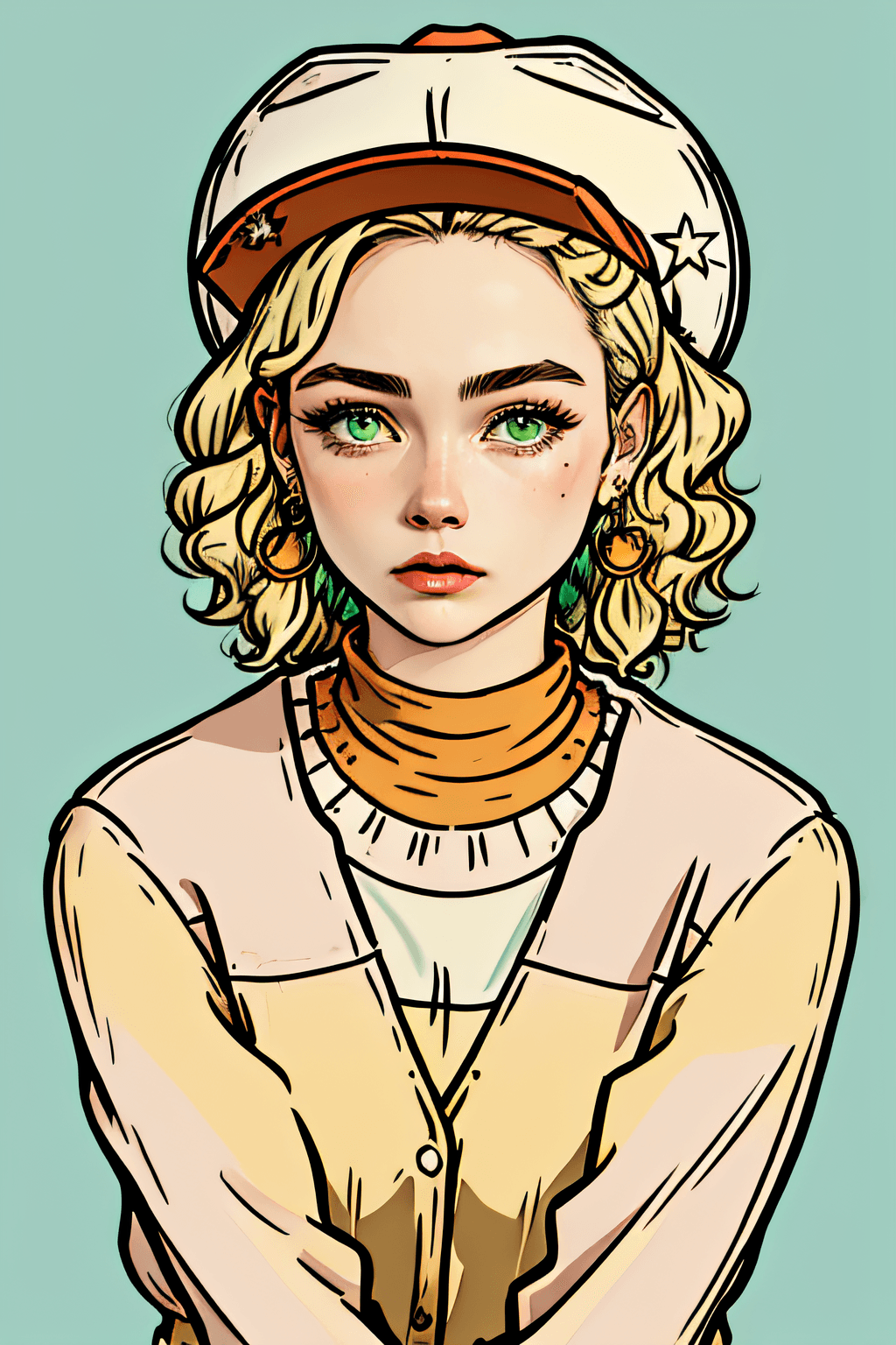 AI generated: western illustration, masterpiece, best quality, 1girl, aqua eyes, baseball cap, blonde hair, closed...