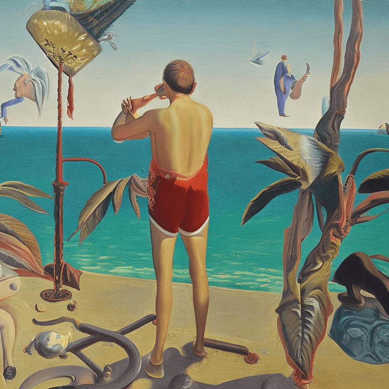 AI generated: beach, oil painting, neo rauch, painting with incomparable reality, intricate details