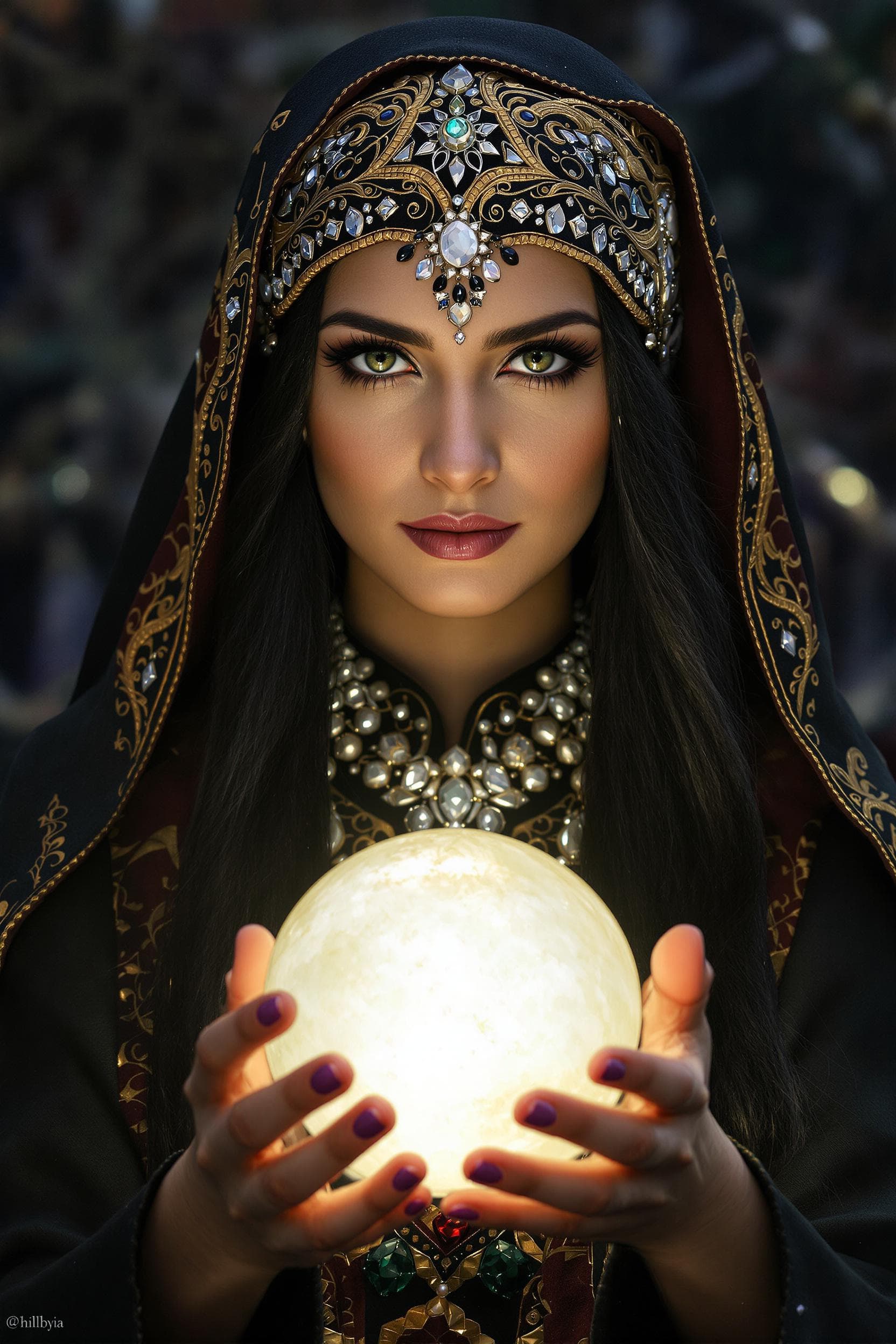 AI generated: Photo of A female fortune teller with long dark hair and green eyes, wearing an embroidered headscar...