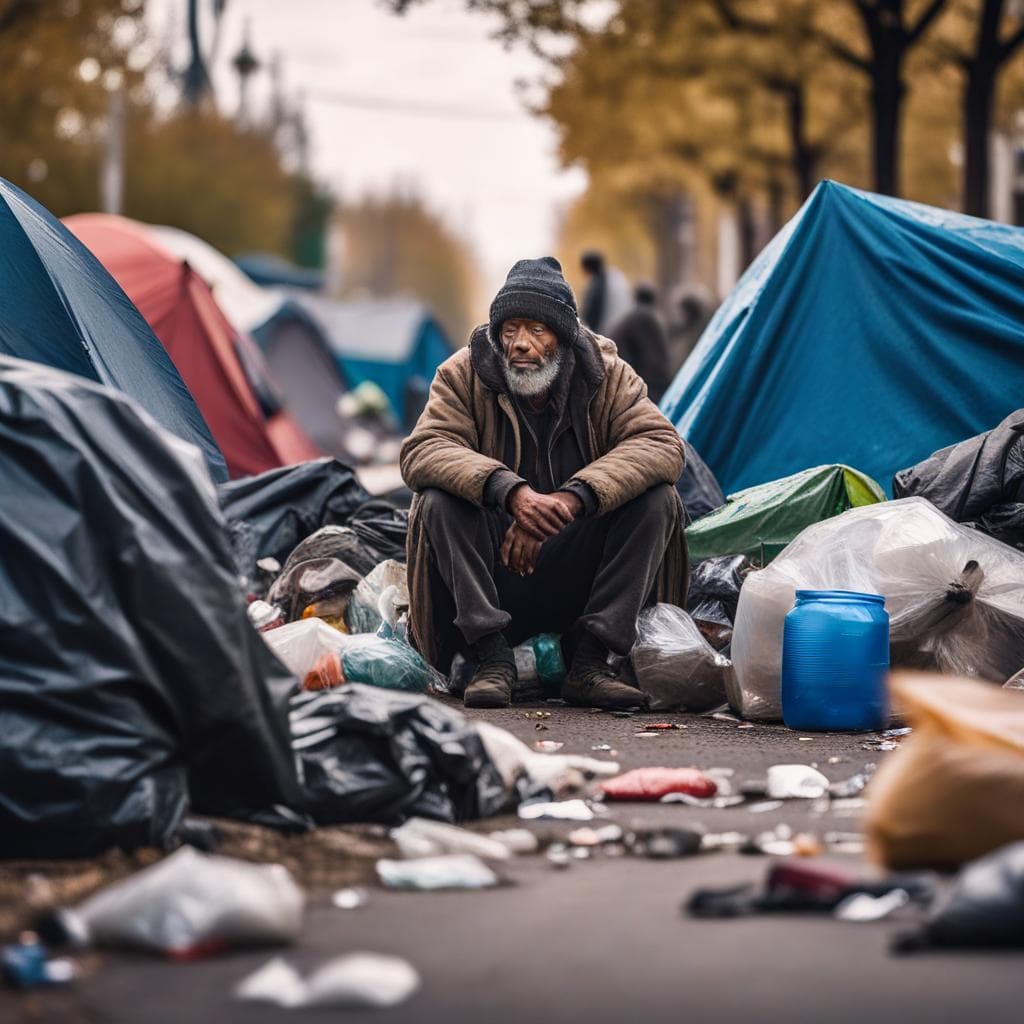 AI generated: a community of homeless people with tents around a man surrounded by trash, highly detailed, 8k