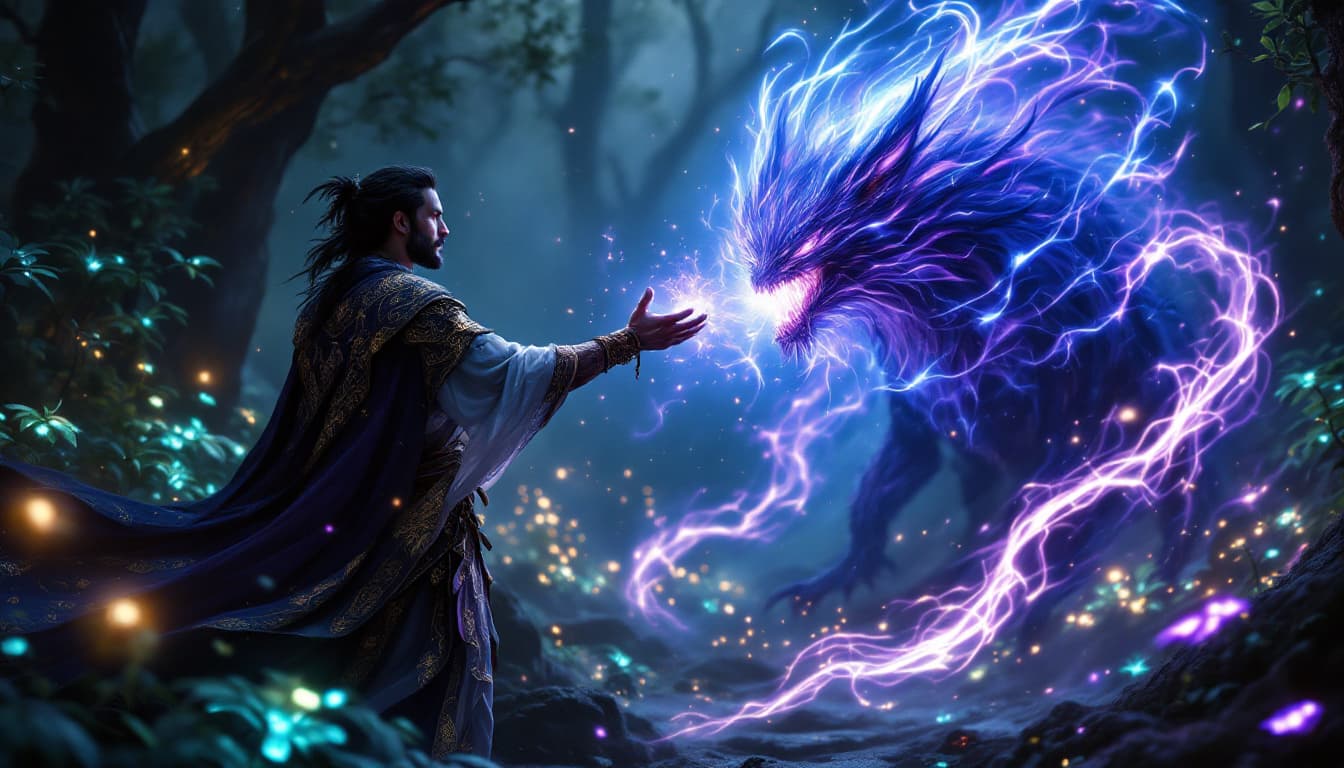 AI generated: sorcerer summoning a magical creature, dramatic scene, swirling mystical energies, vibrant spell eff...