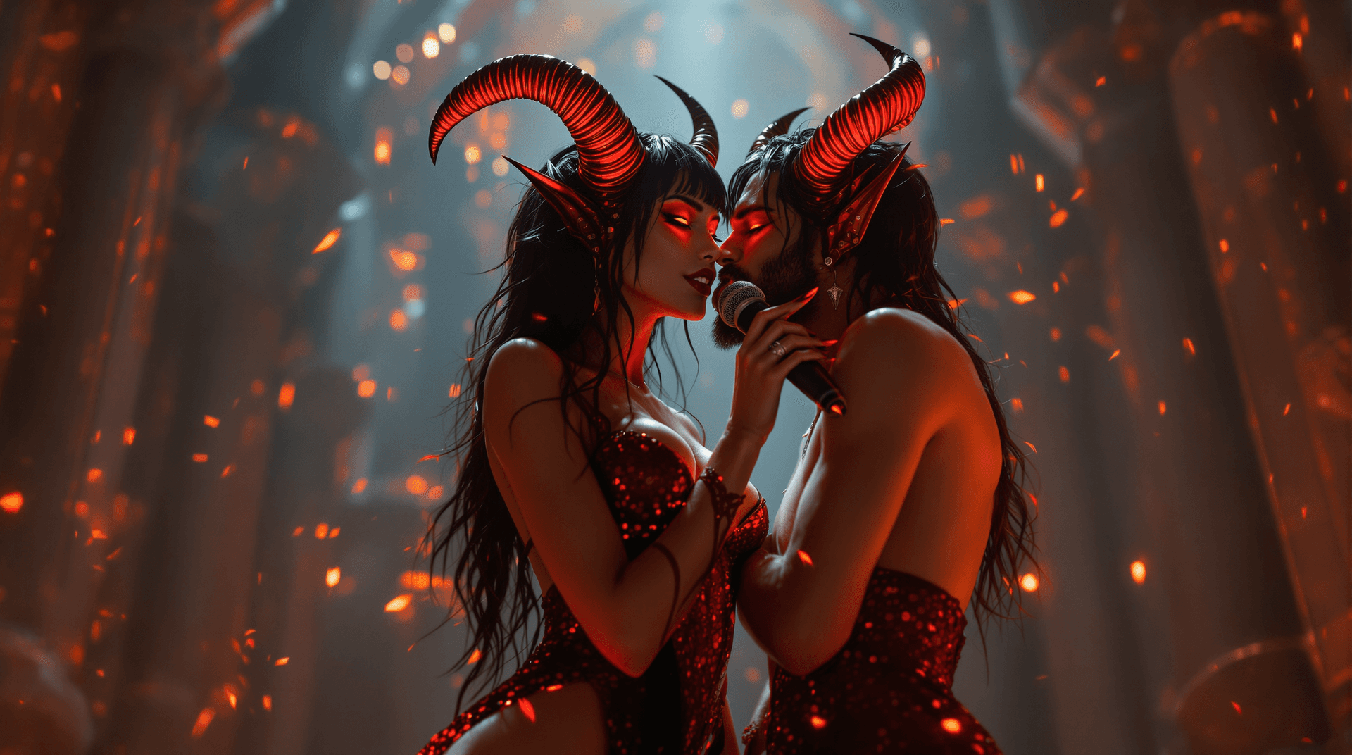 AI generated:  Over-view, low angle portrait of 2 goddesses. Lilith: a female red demon with razor-sharp, crimson-...