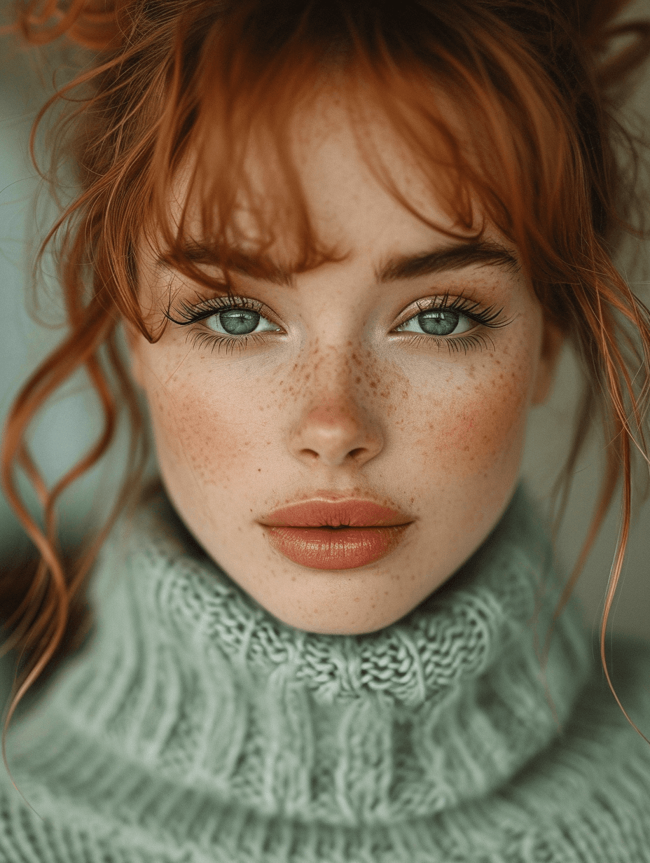 AI generated: a young woman is looking to the camera, in the style of light orange and dark aquamarine, exaggerate...