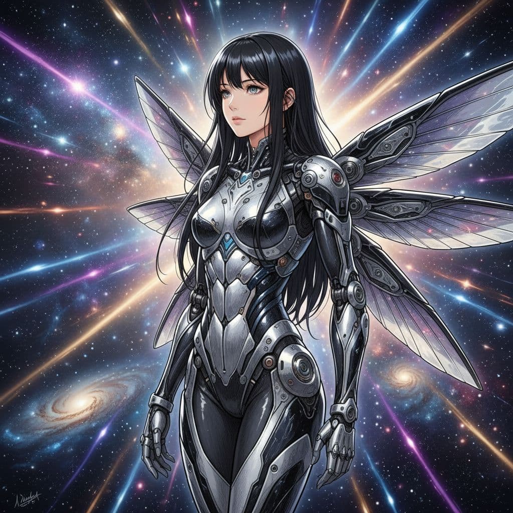AI generated: full portrait close-up, max epic, beautiful girl in streamlined Sci-fi exo costume, gorgeous dreamy ...
