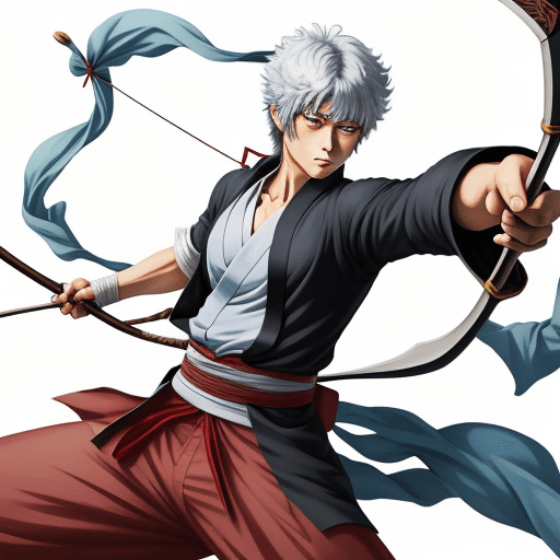 AI generated: Anime art of serious Gintoki Sata wielding a bow in his right hand.
