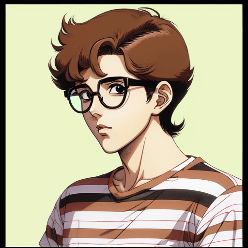 AI generated: retro anime boy with very short brown hair and rectangular glasses with clear frames wearing a strip...