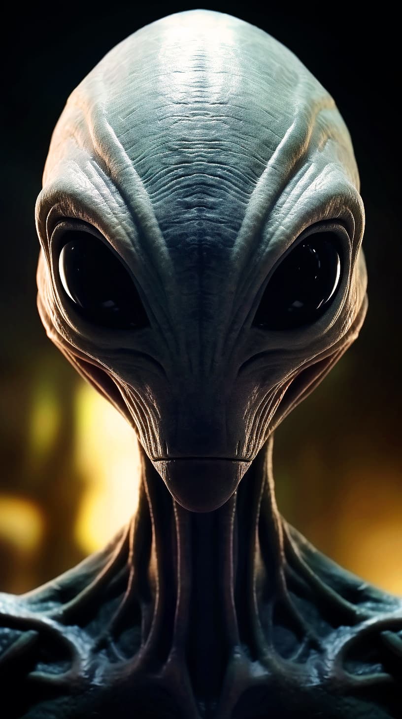 AI generated: Close-up photo of a grey alien with big black oval eyes, super detailed skin, ultra hd, 4k, real lif...