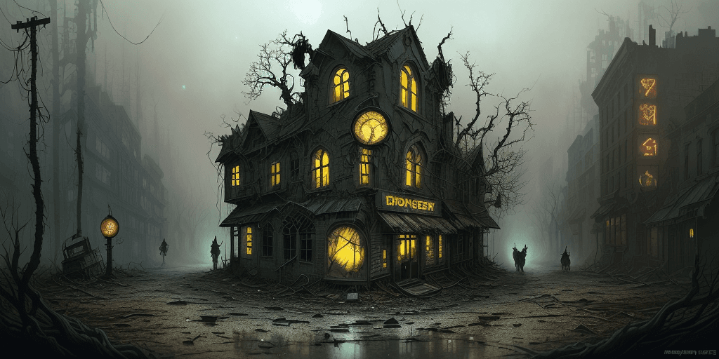AI generated: postapocalypse abandoned city street double exposure, detailed ink, liquid ink, art on a cracked pap...