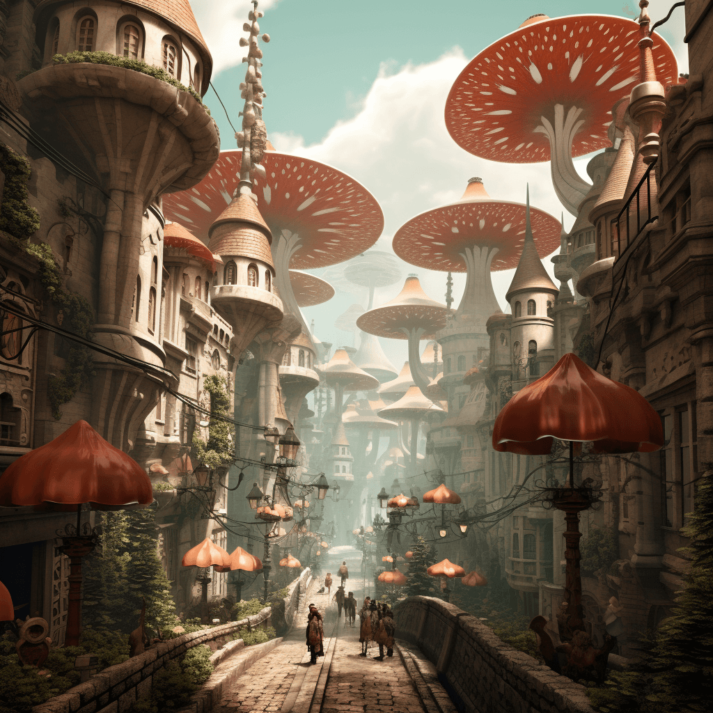 AI generated: photo of a small city filled with huge mushrooms, in the style of fantasy illustration, light red an...