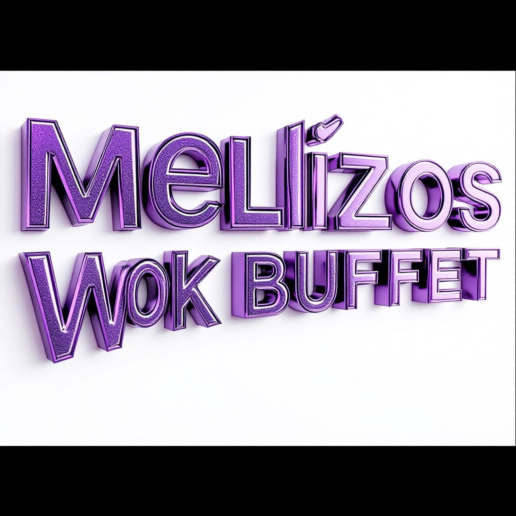 AI generated: Raised letters of "Los Mellizos Wok Buffet." The letters are metallic purple and are raised and in 3...