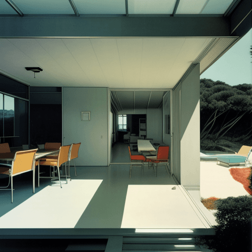 AI generated: Hyper realistic eye level exterior photo of a mid century modern style house overlooking the ocean, ...