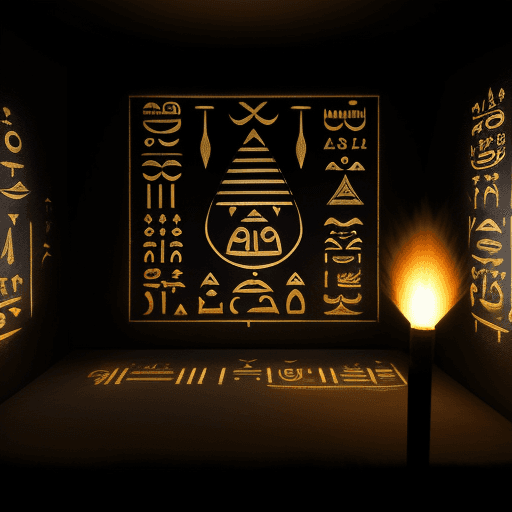 AI generated:   egyptiaan script, black wall, light torch

