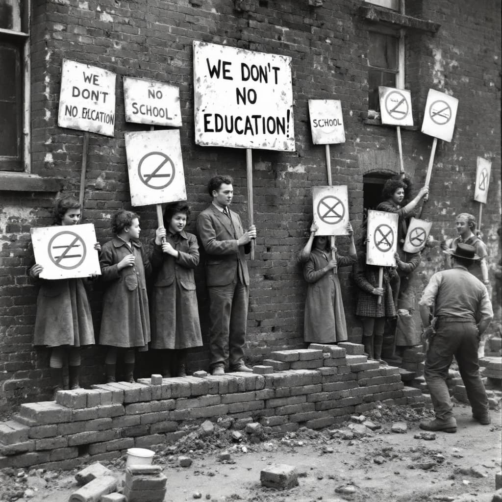 AI generated: a group of boarding school kids from the 1940's are protesting with signs that have a circle with a ...