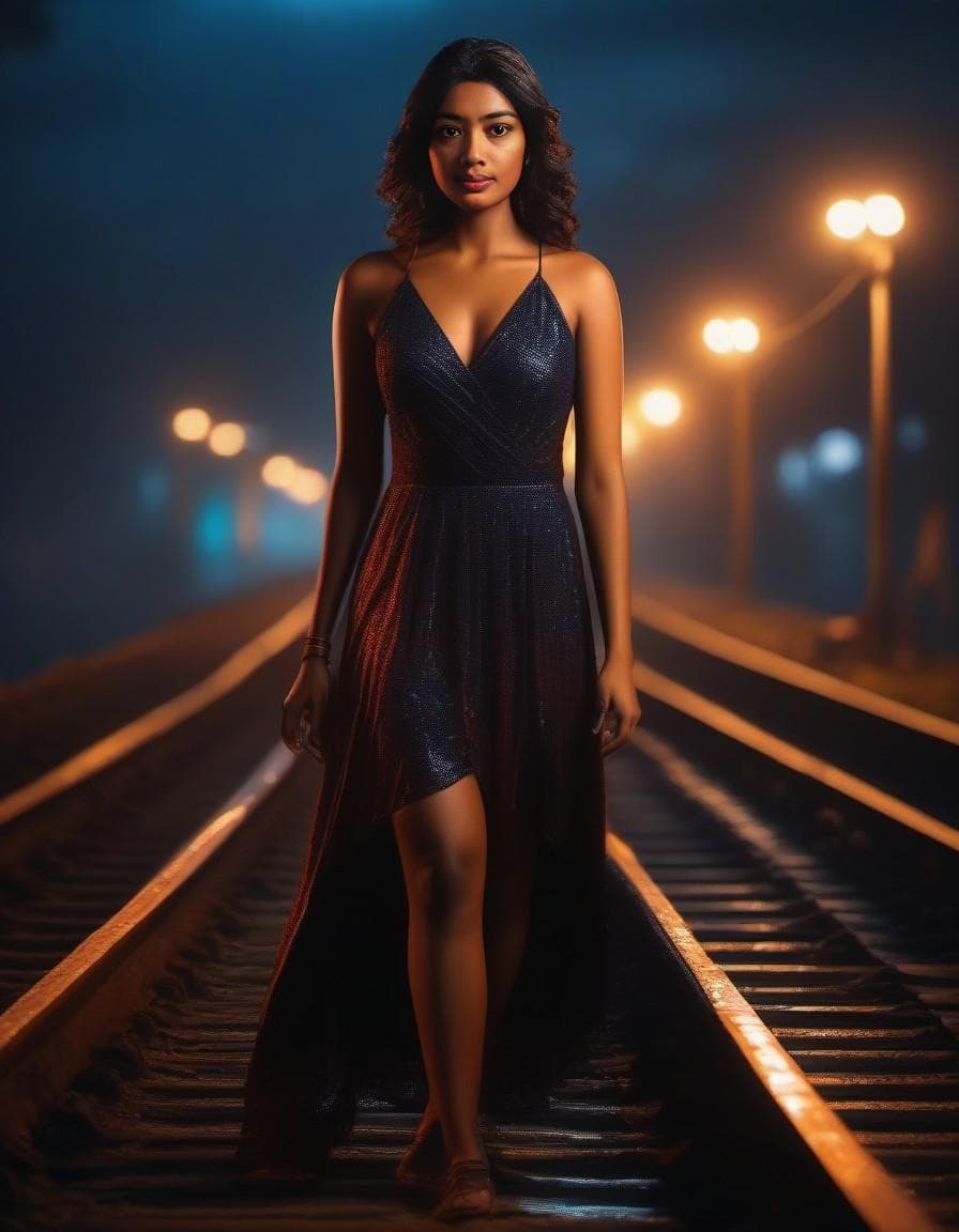 AI generated: a creepy scary Indian scary lady standing on railway track, rain and wet, night, dark, horror visual...