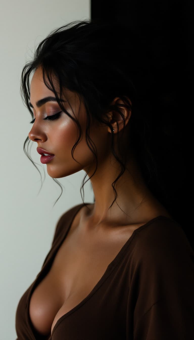 AI generated: a woman with a brown top and a black background and a black background with a white background and a...
