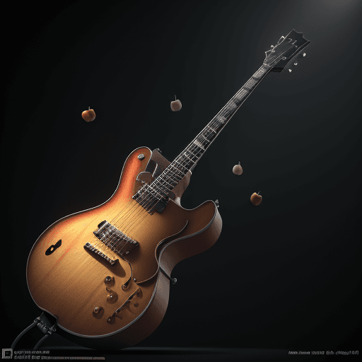 AI generated: 3D render conceptual stilllife with Box guitar with chromatic apples flying around the guitar , shar...