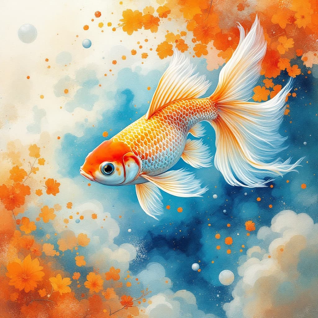 AI generated: Prompt: Alcohol ink, detailed goldfish floating in a dreamy, pastel orange and blue fully painted ba...