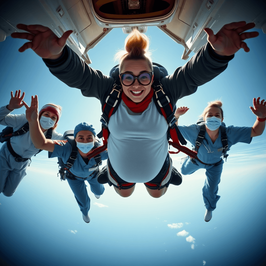 AI generated: really (pregnant) skydiver woman jumping out of an airplane next to skydiving nurses and a doctor we...