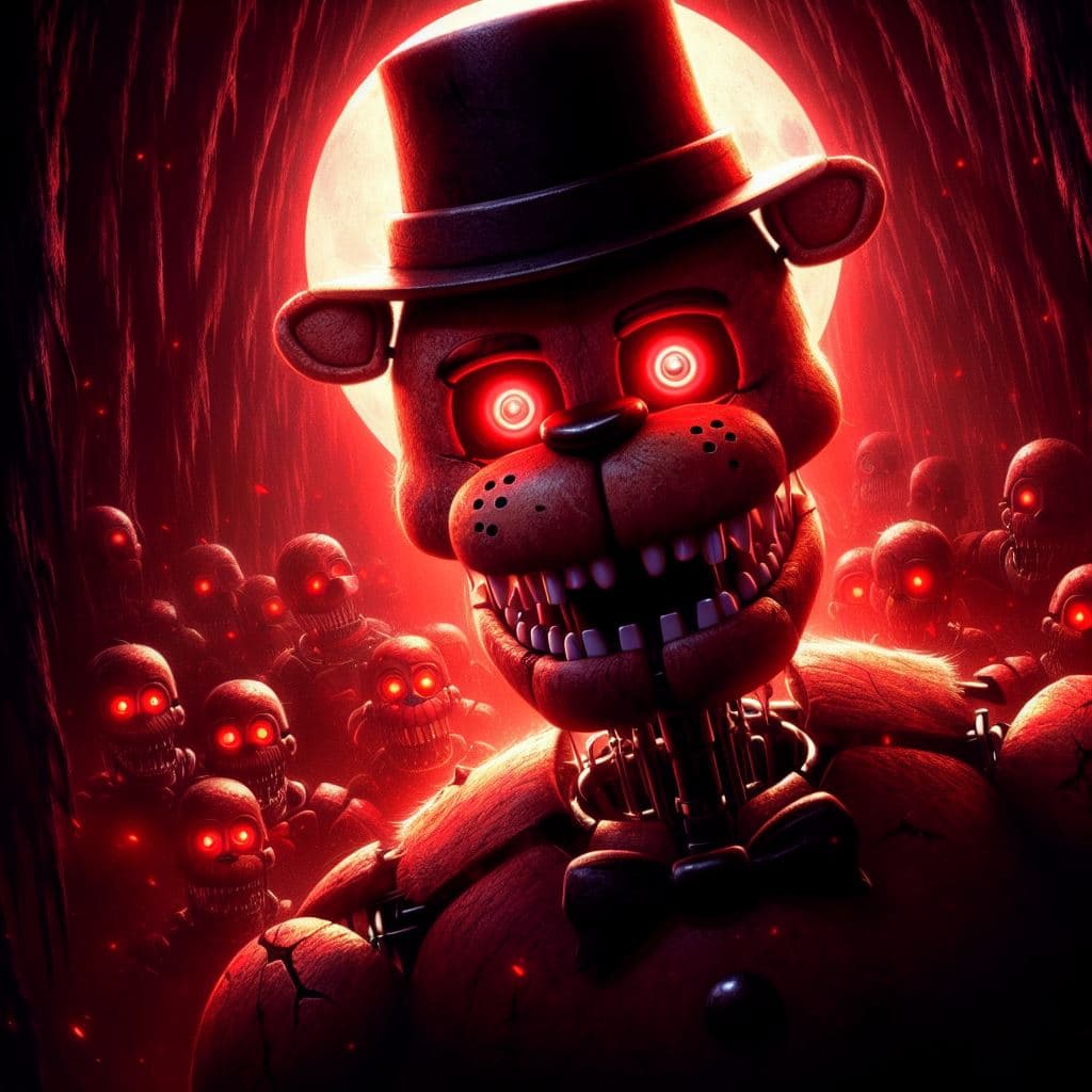 AI generated: Poster de solo freddy del juego de five nigths at freddy, fondo oscuro, red eyes, masterpiece