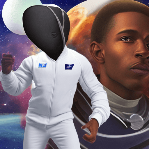 AI generated: a Blackman in a white ski mask and is wearing white track suit, with a nasa logo on his tracksuit,fi...