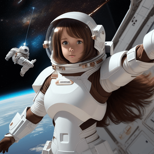 AI generated: Girl in white armor, brown hair, floating in space. 