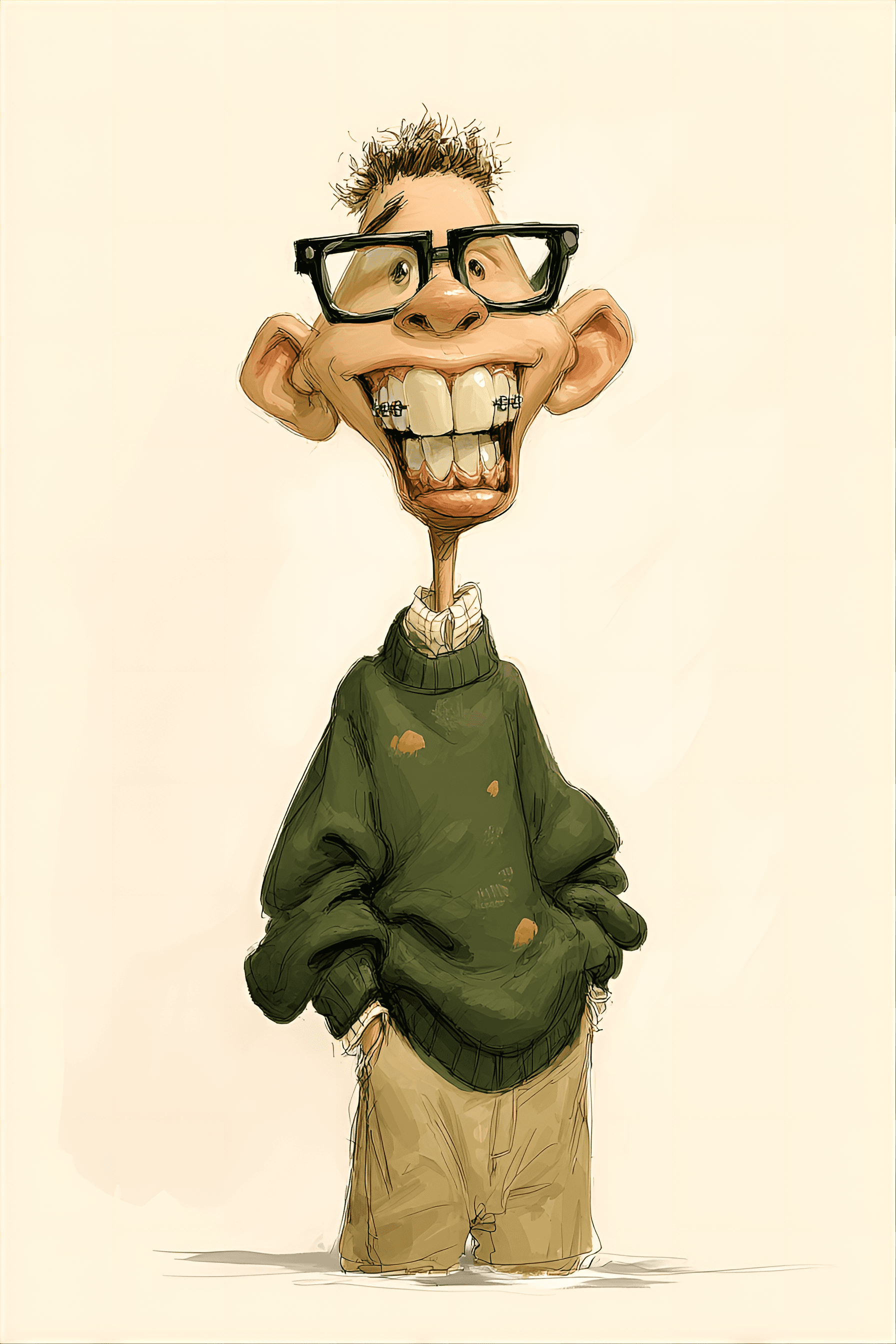 AI generated: funny caricature, nerdy cartoon creature, male, 15 years old, buck-toothed, bespectacled, awkward, e...