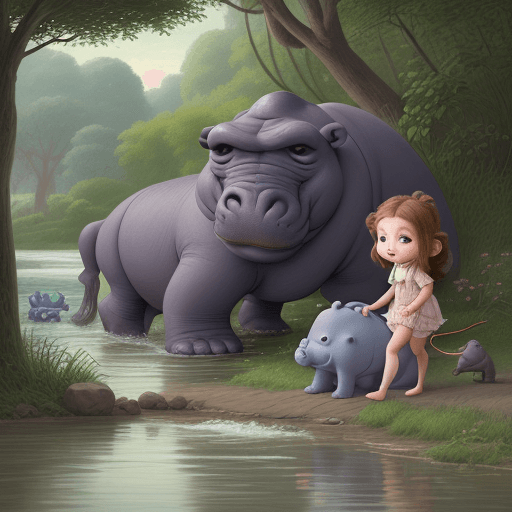 AI generated: Friendly little monkey named Lily approaching a sad hippo named Gosha by the riverbank.", storybook ...