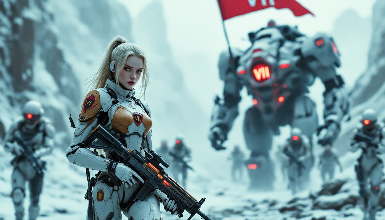 AI generated: 35mm film photography, full body view of  A young cyborg woman with pale skin, blonde hair, hold a b...