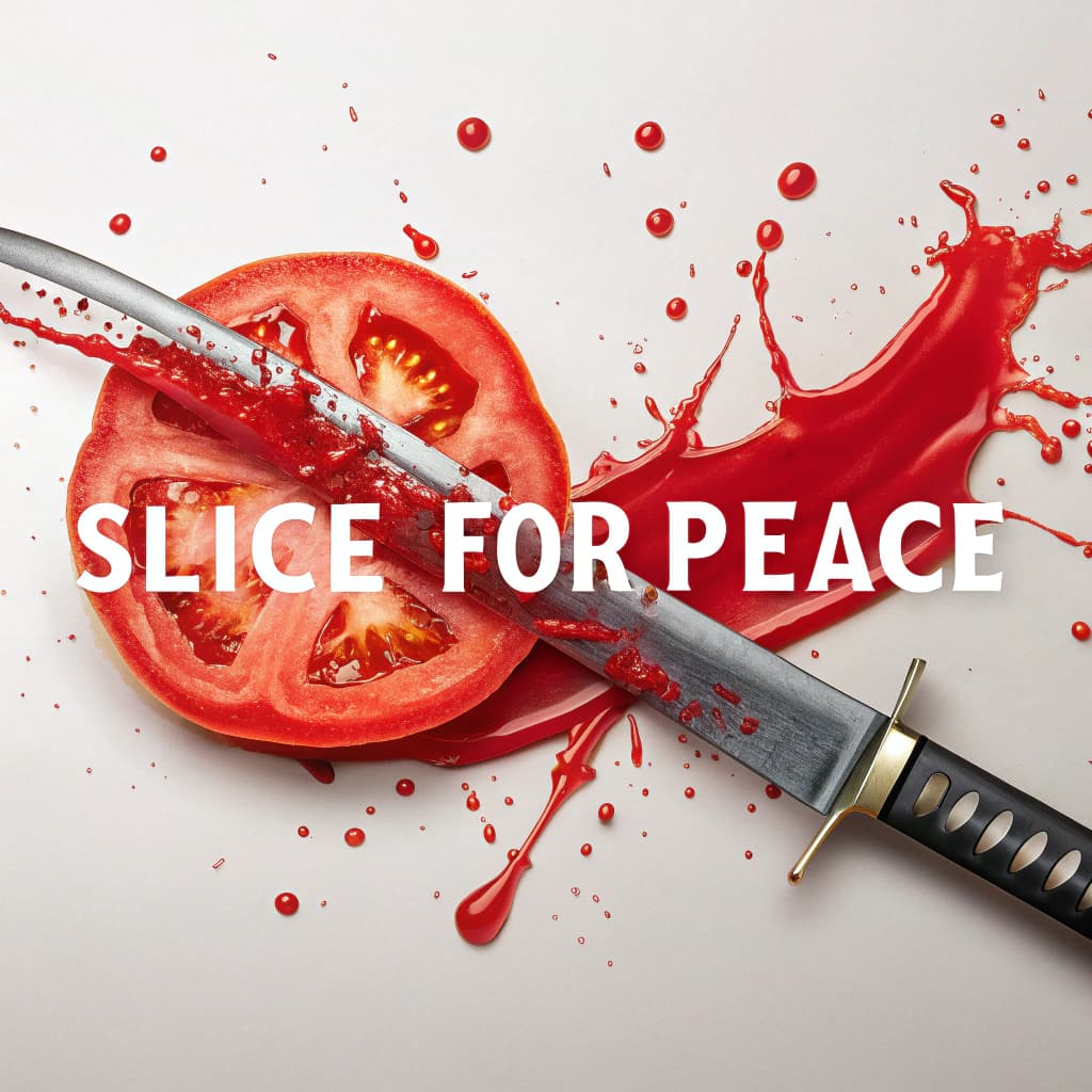 AI generated: Macroview of a tomato shaped soldier hit by a katana,sliced into two,from the middle to cam vibrant ...