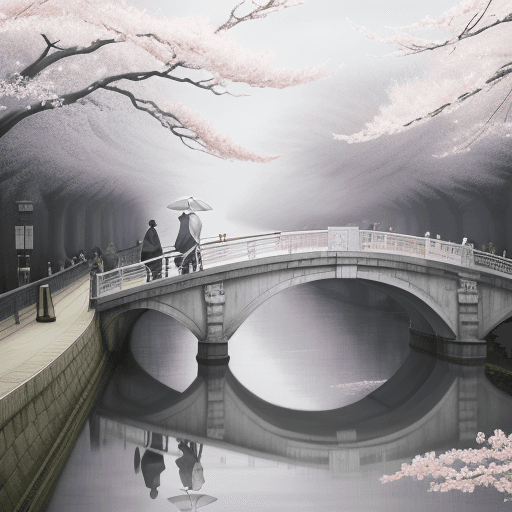 AI generated: two people walk the bridge under a large cherry blossom, in the style of atmospheric paintings, gray...