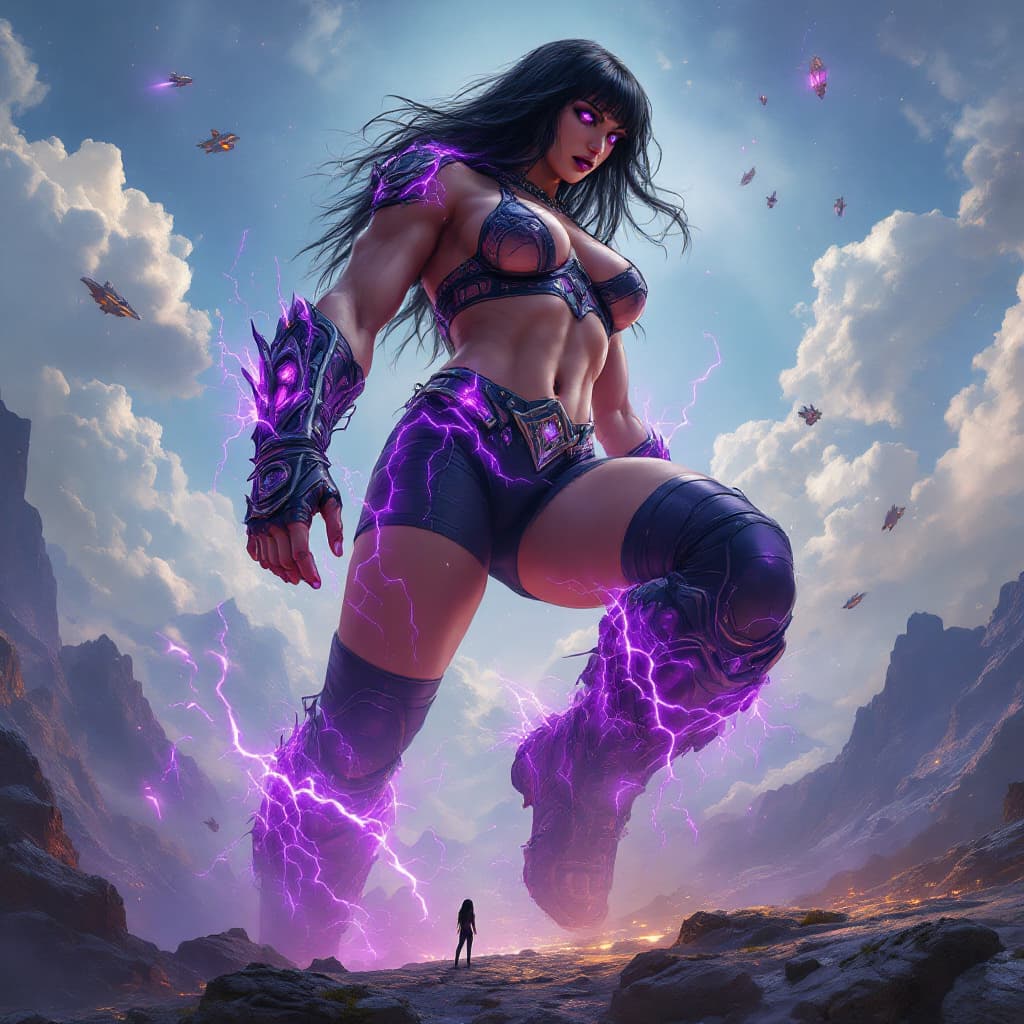 AI generated: enormous giantess female Rhea Ripley from WWE with black medium length hair and straight bangs, bigg...