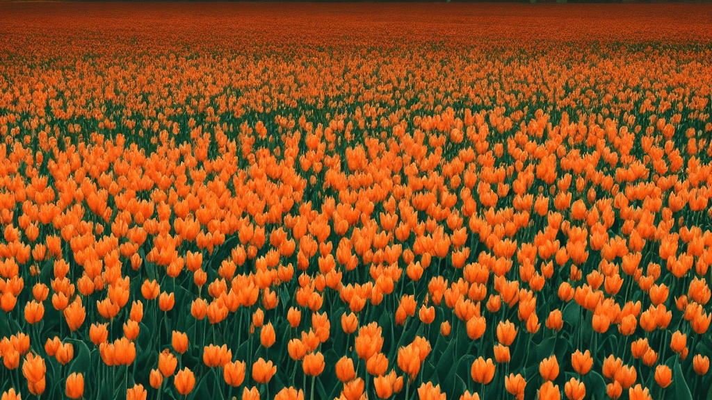 AI generated: Photo of a ultra realistic field of orange tulip flower, pale sunset, 8k, extreme details, cinematic...