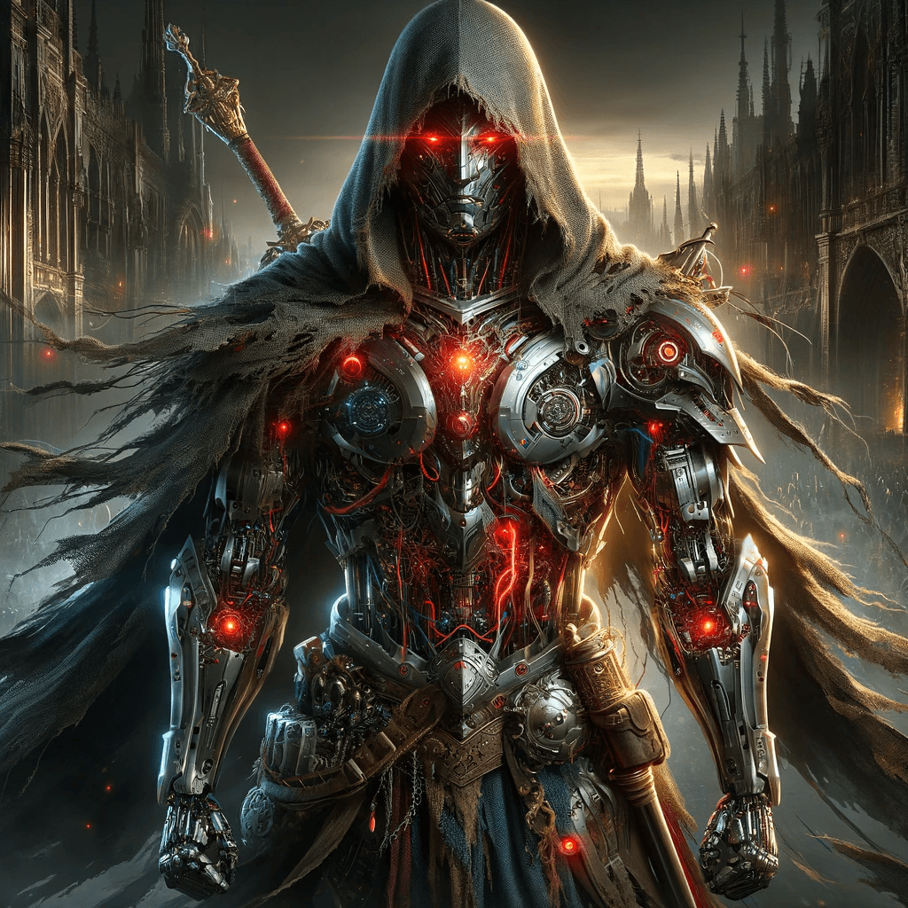 AI generated: Create an image of a mechanized warlock in a dystopian city. The figure is clad in dark robes with a...