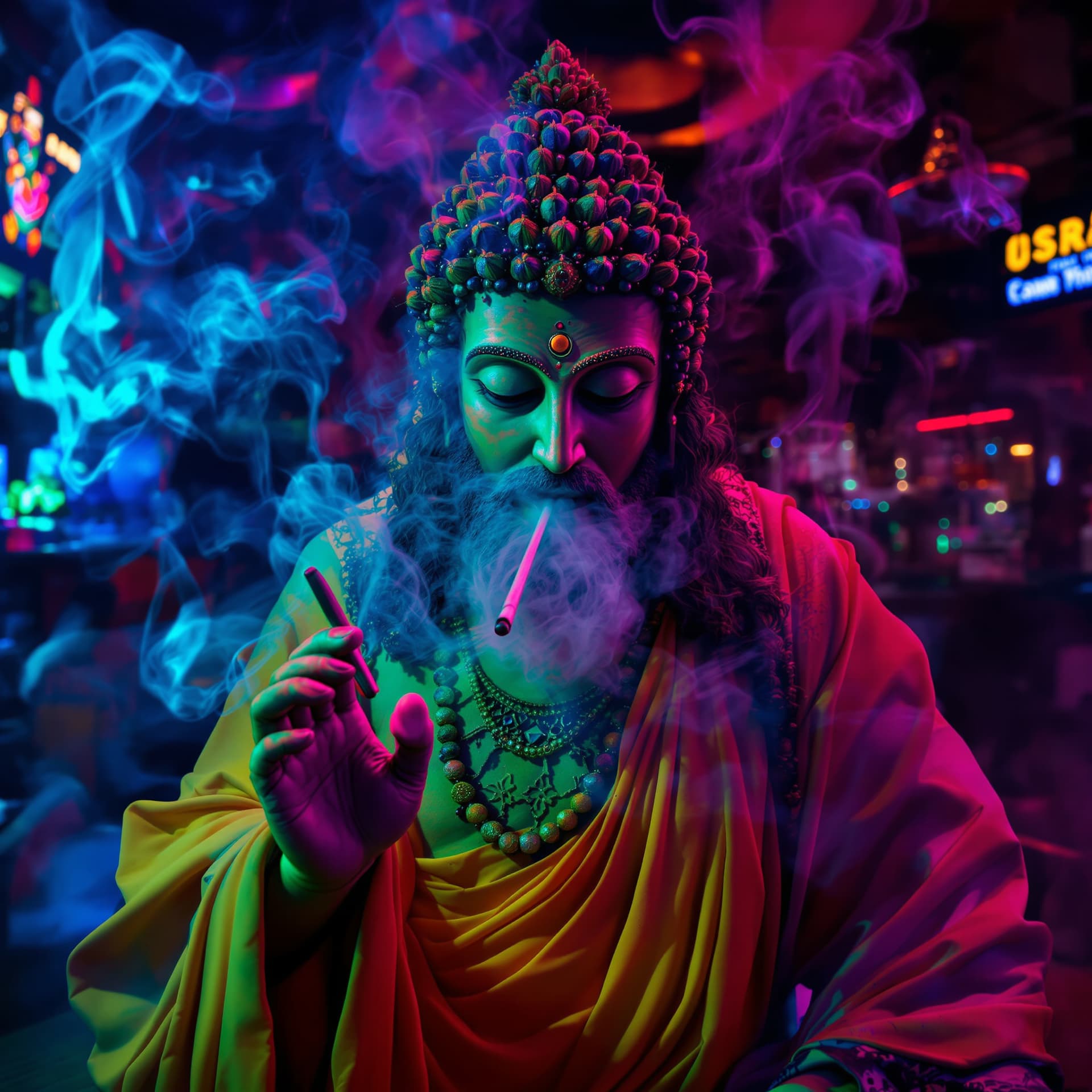 AI generated: Psychedelic, surreal. high resolution photography, front shot, Buddha, Jesus, and Mohammad, full bod...