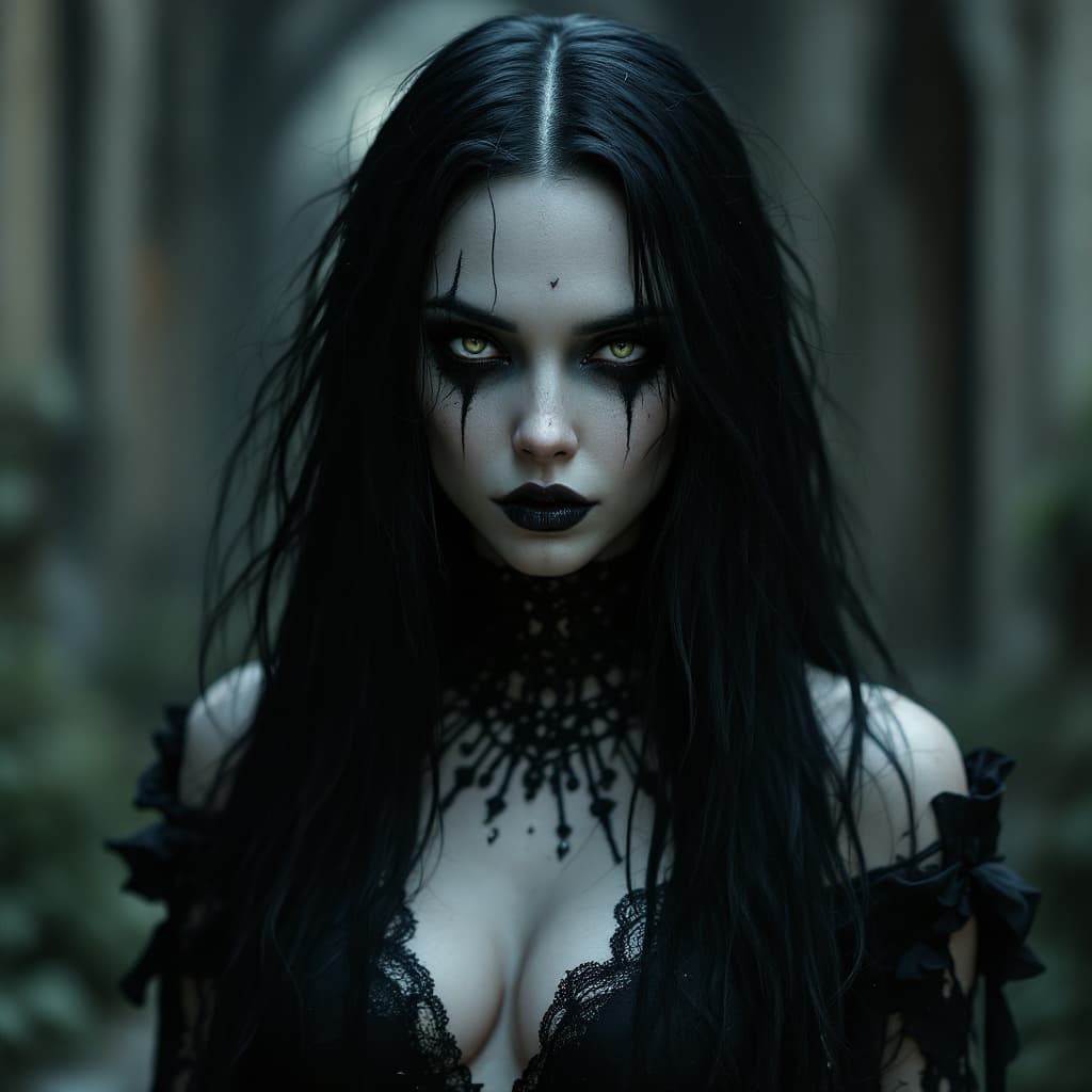 AI generated: A scary girl, full body, pale skin, long crazy black hair, dark eyes, a dark and mysterious appearan...