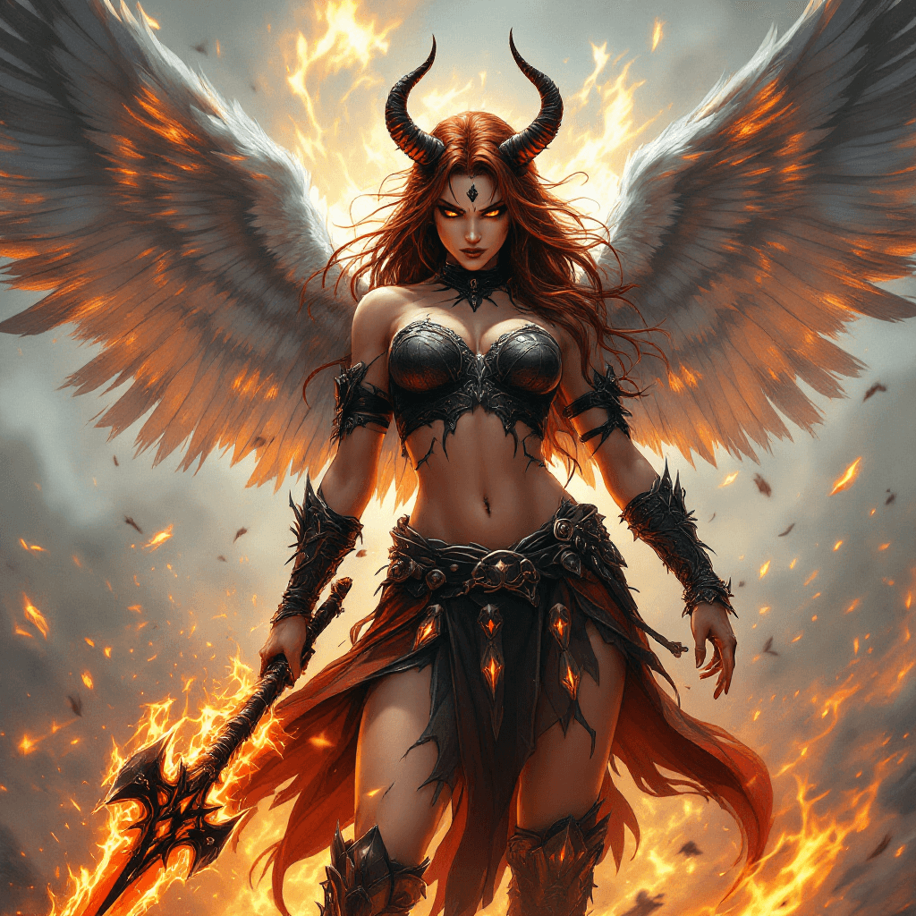 AI generated: The Asura Valkyrie: A powerful warrior with long, dark auburn hair, styled in a way that is both pra...