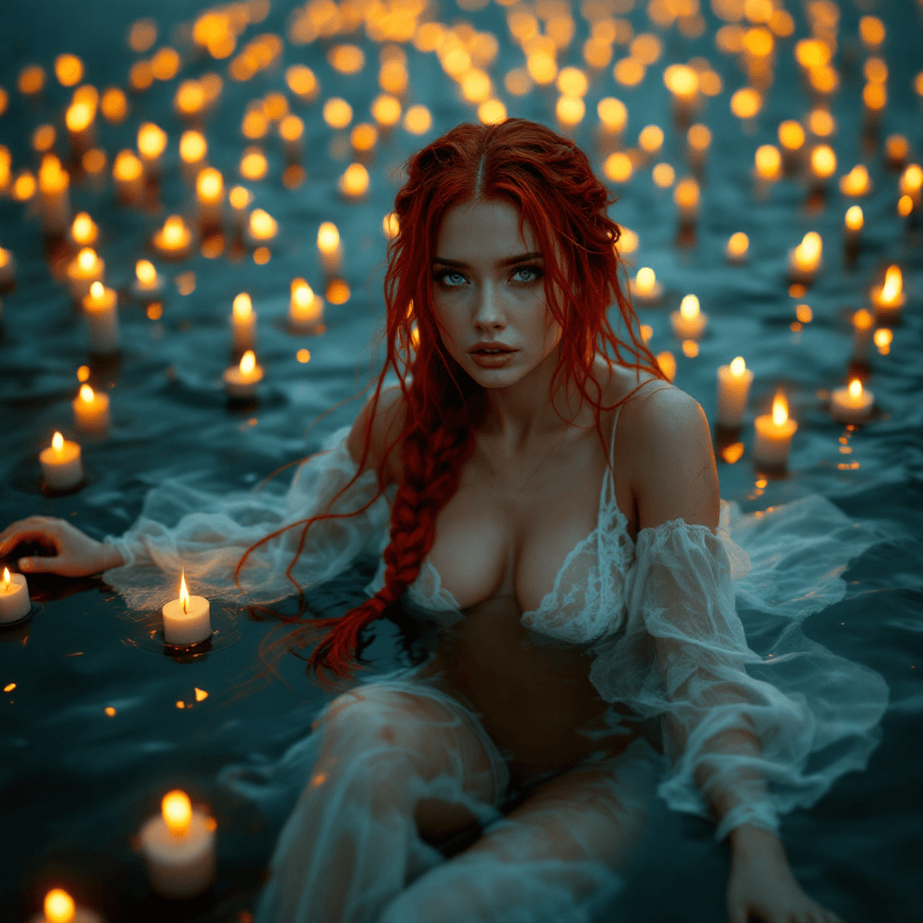 AI generated: A hyper-realistic, full-body 8K cinematic photo of a fit, very pale woman with neon red hair styled ...