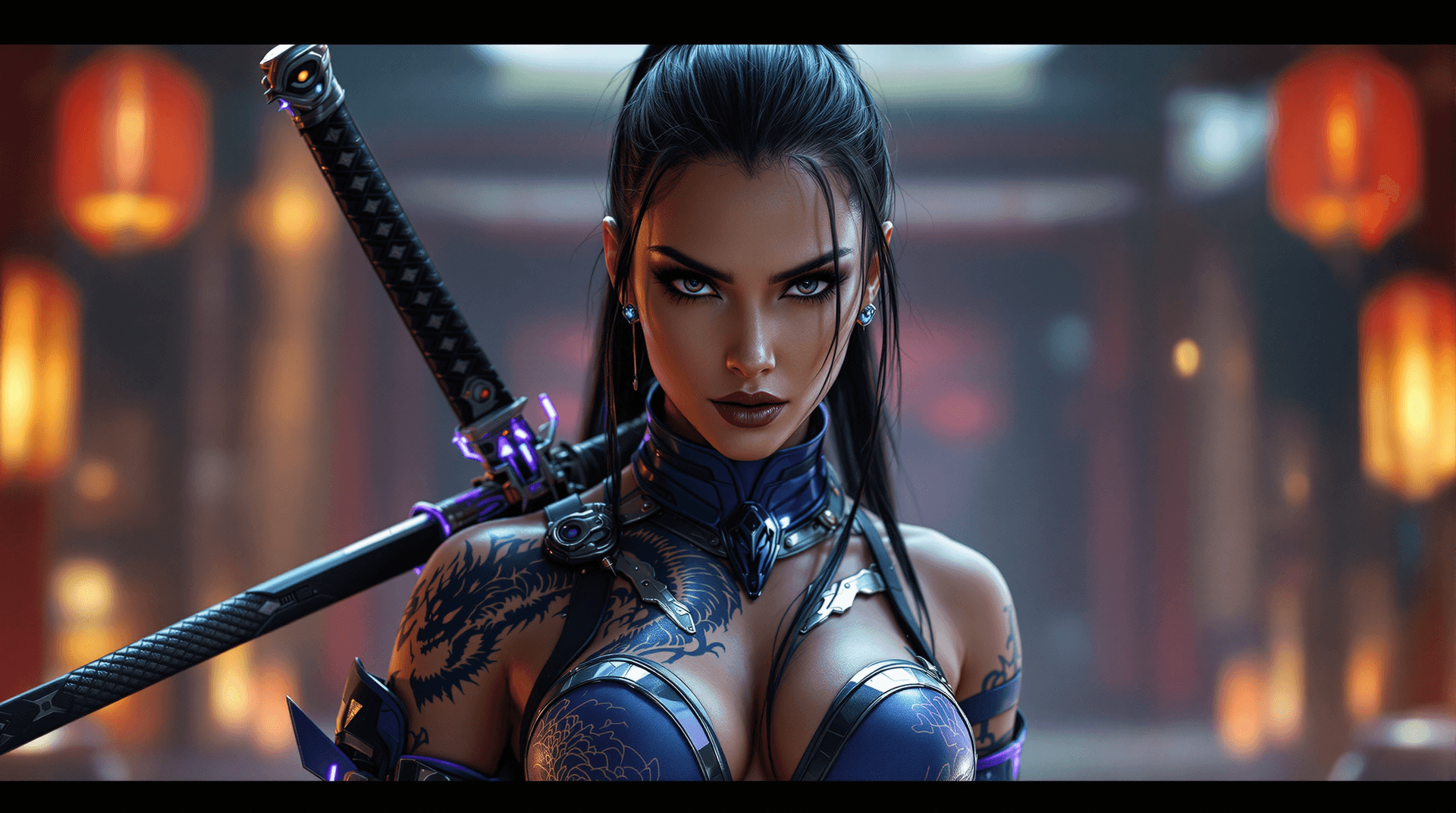 AI generated: Ultra-realistic cyberpunk Kitana, Mortal Kombat character, wearing intricate warrior suit, blue with...