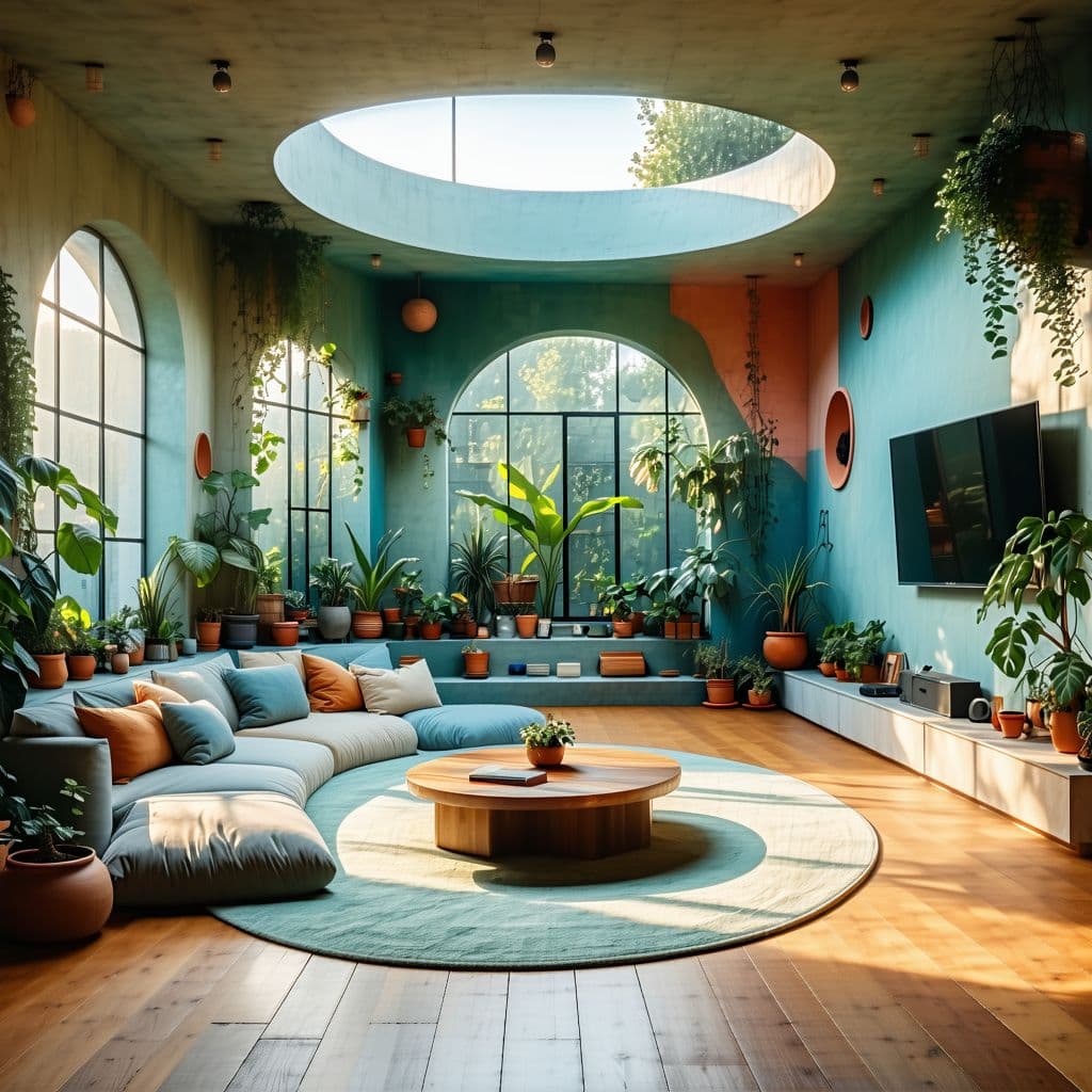 AI generated: High resolution photography interior design, dreamy sunken living room conversation pit, wooden floo...