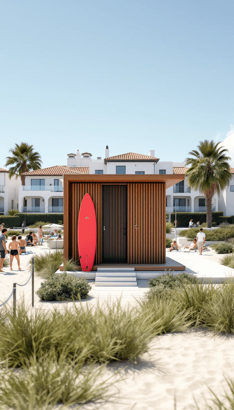 AI generated: A high-quality vertical rendering of a modern coastal lifeguard station with sleek wooden slats and ...