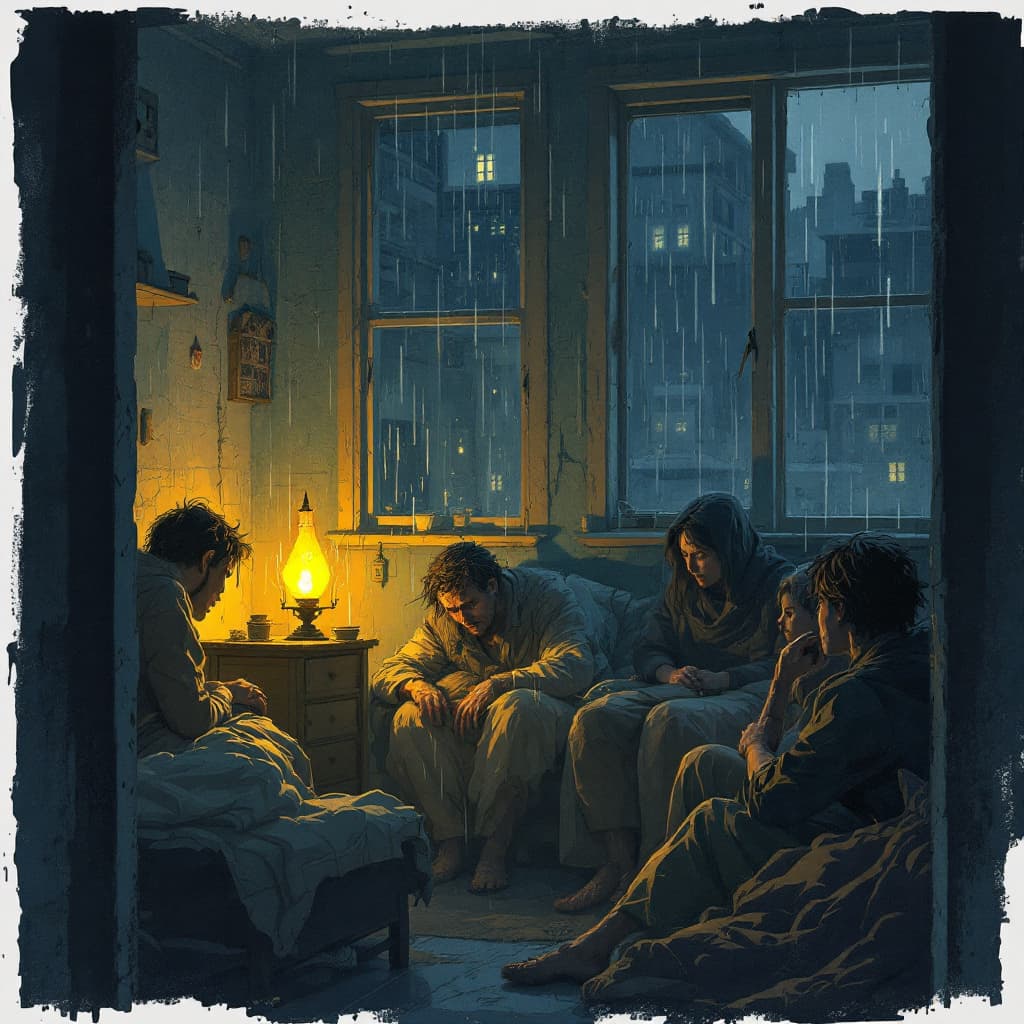 AI generated: 16.	"View from inside an overcrowded tenement, where six people share a single room lit by a single ...