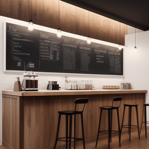 AI generated: coffee shop bar table, wooden walls, white floor, warm lighting, minimalist interior design, blackbo...