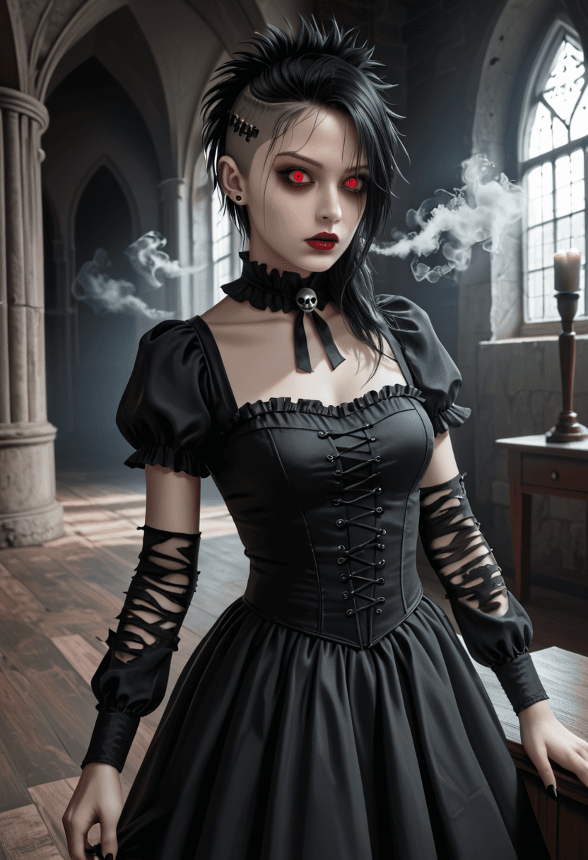 AI generated: Gothic steam punk witch in broken down castle room, dark, red eyes,tattered gown, creepy, highres, r...