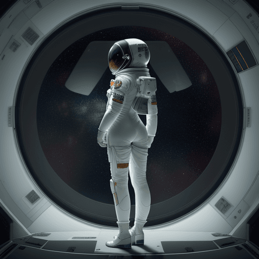 AI generated: girl dressed in space suit, standing inside spaceship, rear view, (((bottomless))), looking at cosmo...