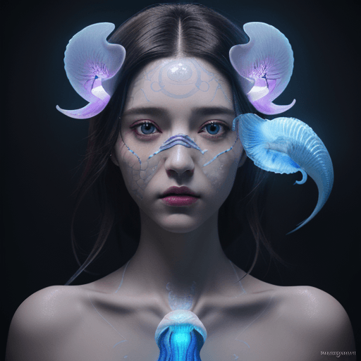 AI generated: Goddess close-up portrait ribcagel. jellyfish phoenix head, nautilus, orchid, skull, betta fish, bio...