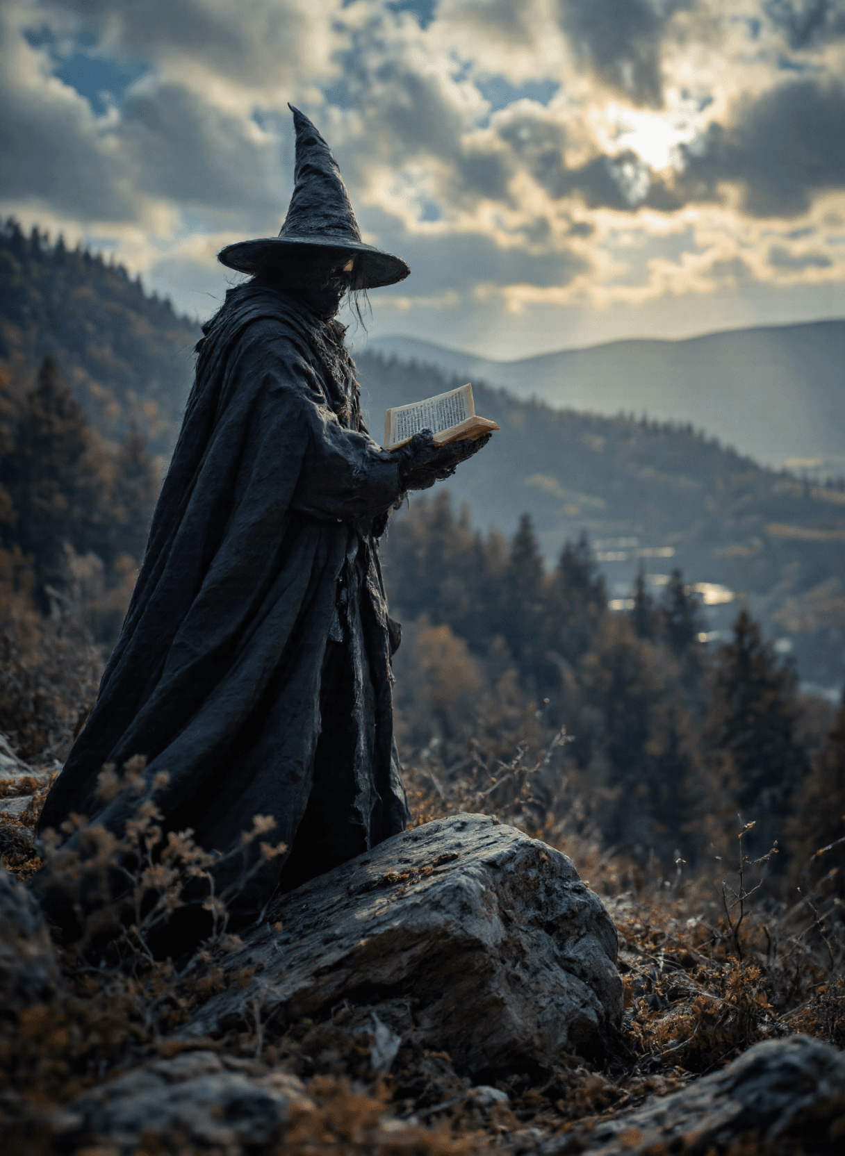 AI generated: The image depicts a figure standing on a rocky outcrop, surrounded by a misty landscape. The figure ...