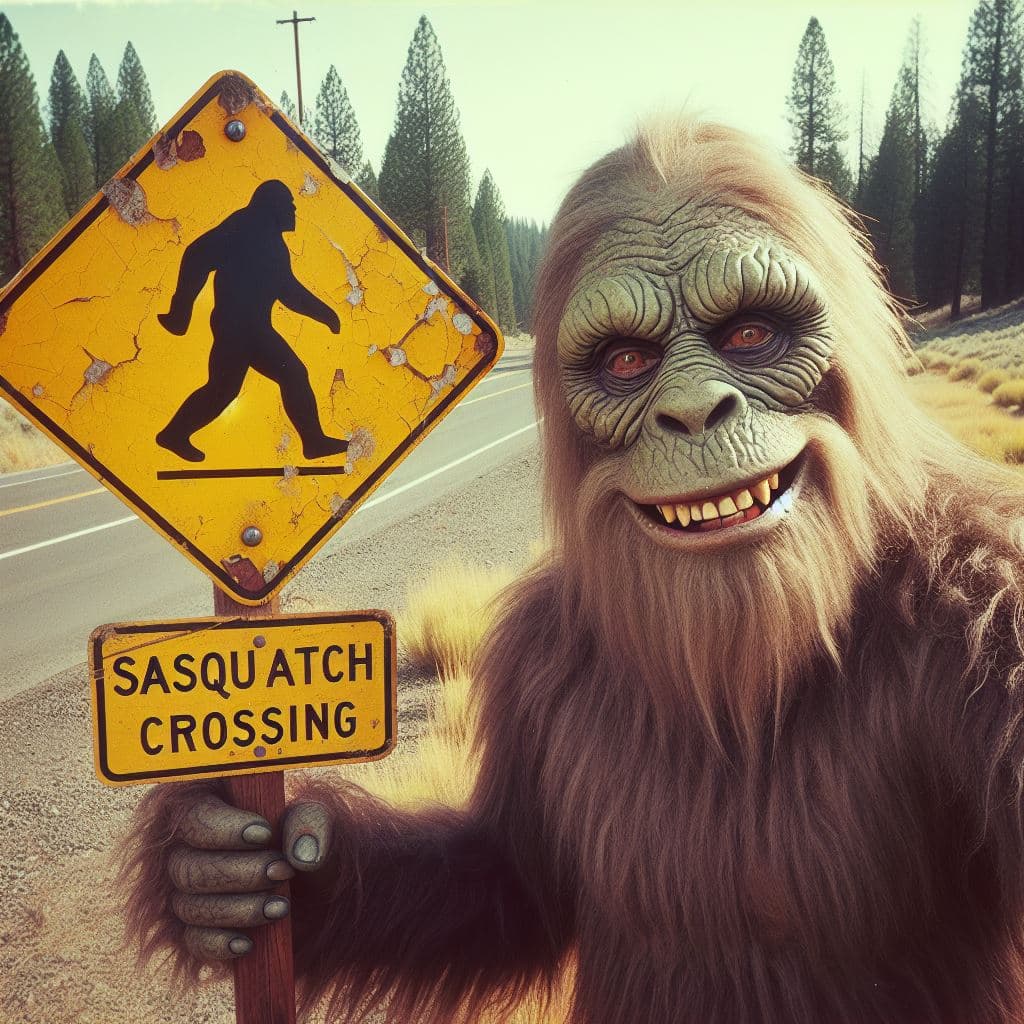 AI generated: A grinning sasquatch posing with a battered traffic sign meaning "Sasquatch crossing", aged conditio...