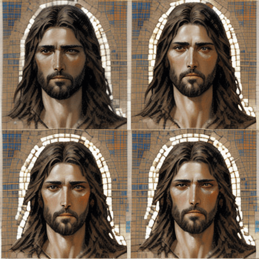 AI generated: a collage of jesus of nazareth faces in mosaic, in the style of andrew atroshenko, peter gric --ar 7...